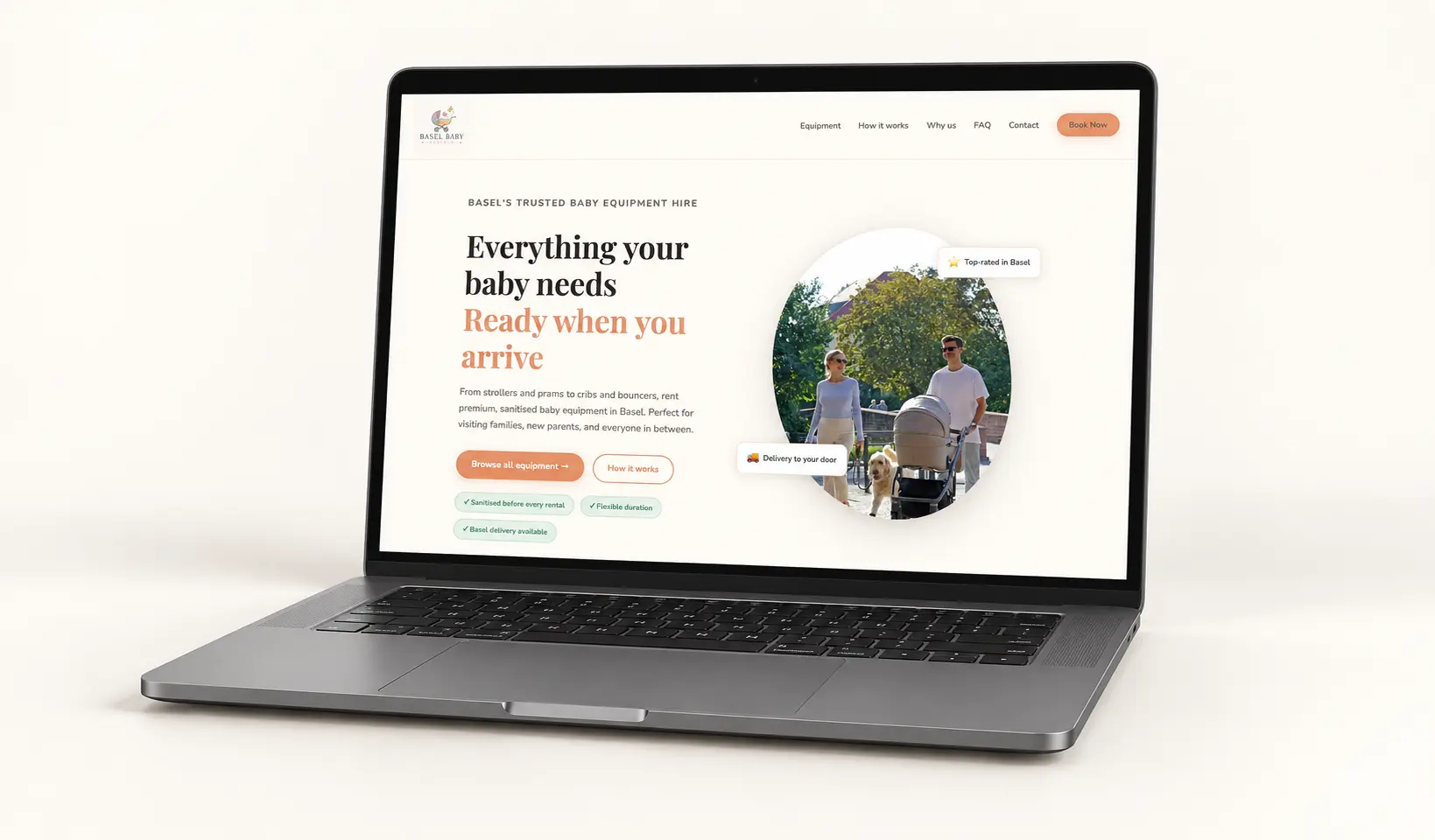 Basel Baby Rentals website shown on a laptop